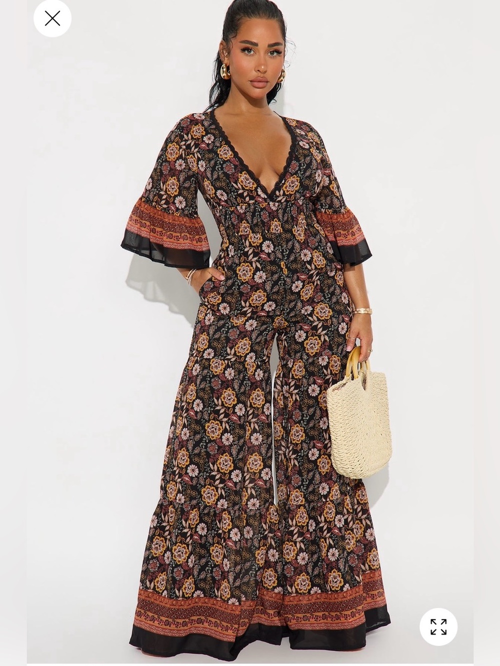 Fashion Nova Boho Floral Wide-Leg Jumpsuit - NWT